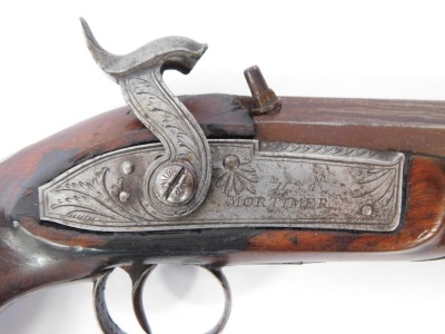 A 19thC overcoat pocket percussion pistol, by H Mortimer of London with hexagonal barrel, chased lock, figured walnut stock and steel ramrod, 22cm long. - 3