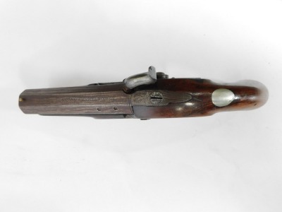 A 19thC overcoat pocket percussion pistol, by H Mortimer of London with hexagonal barrel, chased lock, figured walnut stock and steel ramrod, 22cm long. - 6