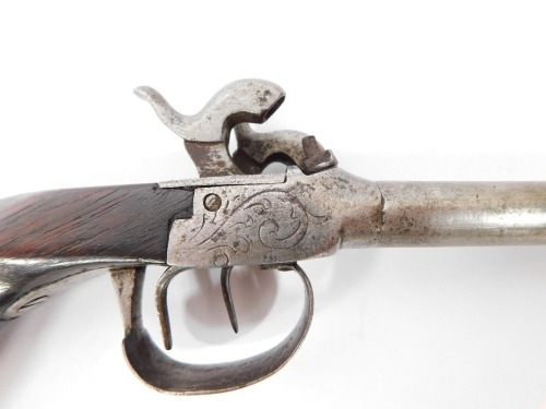 An early 19thC double barrel percussion pistol, with rosewood handle, 23cm.