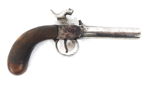 An early 19thC box lock percussion pocket pistol, with nailed walnut handle, 18cm.