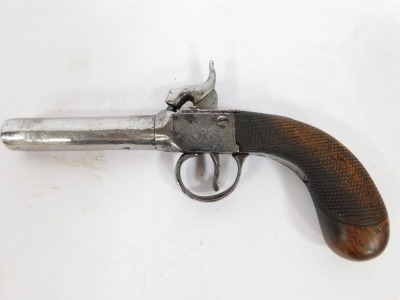 An early 19thC box lock percussion pocket pistol, with nailed walnut handle, 18cm. - 4