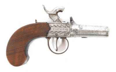 An early 19thC box lock percussion pistol, by Wood of Worcester with detachable barrel, engraved lock plate and walnut handle, 16cm.