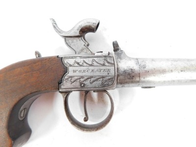 An early 19thC box lock percussion pistol, by Wood of Worcester with detachable barrel, engraved lock plate and walnut handle, 16cm. - 3