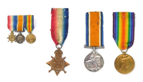 A World War I medal trio, engraved 27039 Gnr L. Coe RA, together with dress miniatures, the 1914 Star stamp 27039 Gnr L. Coe R.F.A.