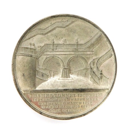 Thames Tunnel Commemorative Medallion. The obverse inscribed SIR ISAMBART MARC BRUNEL FRS &c, J. TAYLOR MEDALLIST BIRM, The reverse depicting a scene of figures walking through the tunnels and up the spiralling staircases and inscribed THAMES TUNNEL 1200