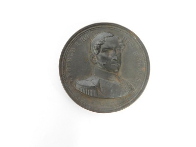 A bronze commemorative medallion. The obverse inscribed LEOPOLD I ROI DES BELGES, EALT FECIT,. The reverse cast with neoclassical figures and marked LA GUERRE LES A DIVISEVES LE PAIX LES REUNIRA INAUGURATION DI CHEMIN DE FER DE VERVIERS ALXIA CARELLE, XV - 2