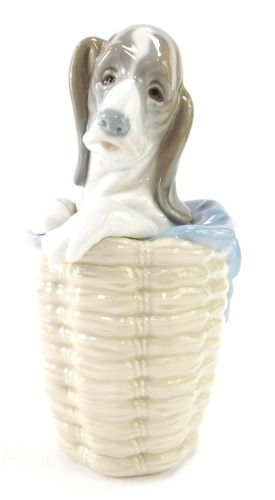 A Lladro figure of a dog in a basket, 17cm high.