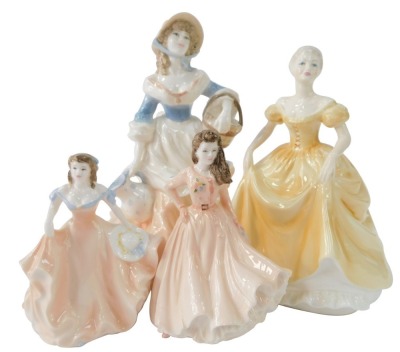 Four Coalport figures, comprising milk maid (large), Emily (large), Debutant Lesley (medium), and Debutant Sharon (medium). (4)