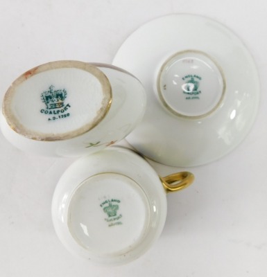 Miniature ceramics, comprising a Coalport scent bottle with painted ship design, 7.5cm high, a lacquer and tortoiseshell topped snuff box, and a Coalport coffee can and saucer, on a blue ground with gilt borders. (3) - 3