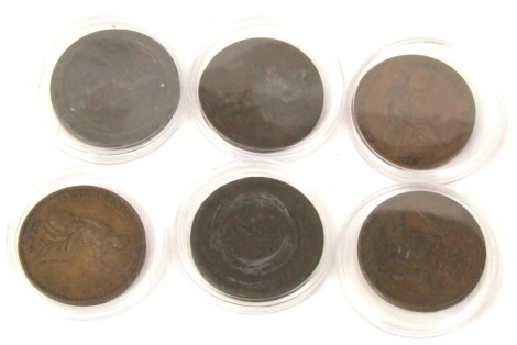 Six pennies and cartwheel pennies, 1797 Cartwheel Penny, 1811 Cornish Penny, 1847 Victoria Penny, 1855 Victoria Penny, 1812 Succession Cornish coin, and a 1811 Birmingham 1p token. (6)