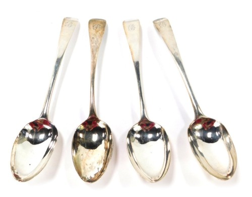 Four Georgian/William IV silver fiddle pattern serving spoons, each bearing the initial B, comprising two London 1823 and two 1831, 7 ¾oz. (4)