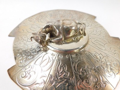 A Victorian silver butter dish, with hexagonal base with crested panels, bearing the initial B, London, with cut glass bowl, and engraved lid with applied cow motif, Henry Wilkinson & Co, Sheffield 1844, 18cm diameter. - 3