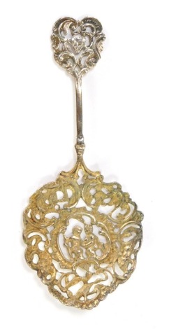 A George V silver love spoon, with heart knop and cherub scroll detail, Birmingham 1916, in a A G Godfrey of Grantham presentation box, 1 ¼oz.