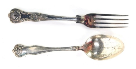 A cased presentation silver teaspoon, of Neo Classical swag design, and a King's pattern silver pickle fork, 1 ¼oz. (2)