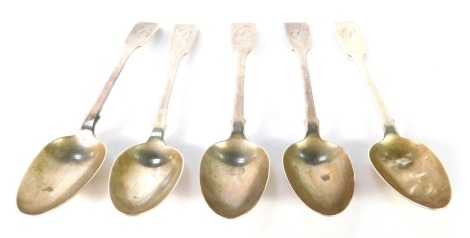 A set of six Victorian silver fiddle pattern serving spoons, each bearing initial P, London 1851, 11oz.