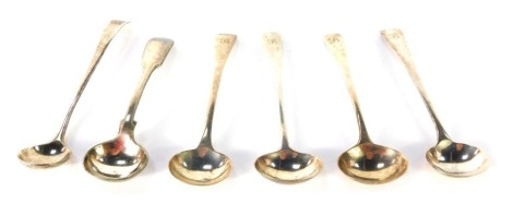 Six silver spoons, comprising a set of five miniature toddy ladles, bearing initials R, various dates, and an additional Victorian toddy ladle, 1 ¾oz. (6)