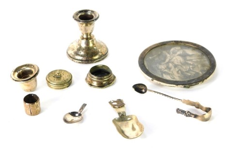 Assorted silver and plate, to include a silver circular photograph frame, silver dwarf candlestick with weighted base, various silver and silver plated collars, pair of silver sugar tongs, souvenir spoon, etc, 9 ½oz gross. (a quantity)