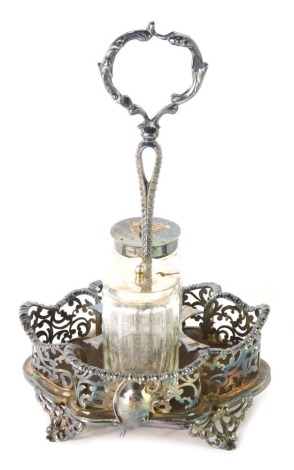 An Edward VII silver cruet, with four bottle slots, two bottles present, foliate scroll detail, London 1901, on wooden base, with later matched bottles, 20cm high.