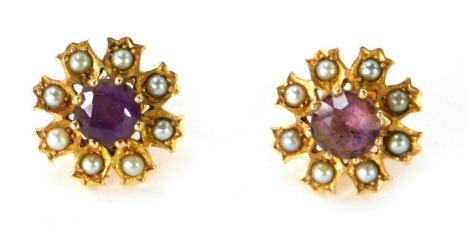 A pair of 9ct gold amethyst and seed pearl cluster earrings, with butterfly backs.