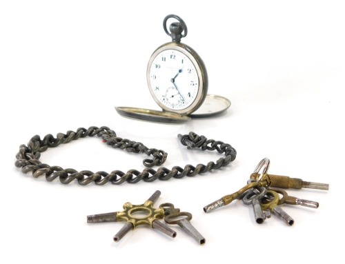 A silver hunter pocket watch and chain, Harris Stone of Leeds, with white ceramic numeric dial, blue hands and seconds counter, bezel wind, with silver watch chain, 173.7g all in.