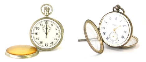 A pocket watch and a stop watch, comprising a silver Yewdall of Leeds silver hunter pocket watch, with white ceramic Roman numeric dial, gold hands and seconds dial, key wind, 132.6g all, and a military stop watch, engraved AM6B-117. (2)