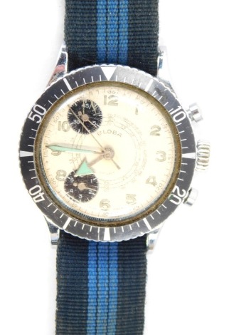 A Globa gentleman's wristwatch, in stainless steel case, with silvered coloured dial, green hands, and black chronometer dials on ribbon strap.