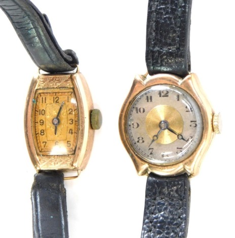 Two 9ct gold cased wristwatches, one with engraved case, the other of plain design, each on black leather straps, 22.8g all in. (AF)