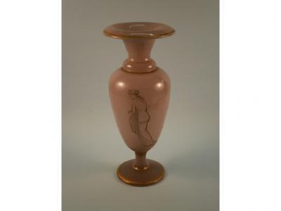 A 19thC pale purple tinted glass vase decorated in gilt with classical