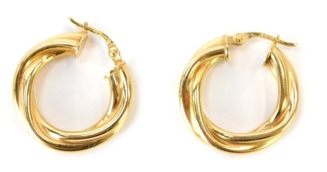 A pair of 9ct gold hoop earrings, with two band twist design, 2cm wide, 3.7g.