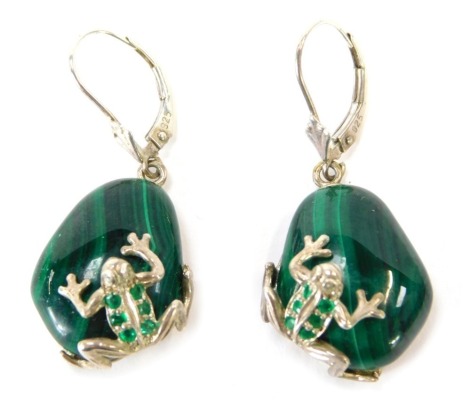 A pair of malachite and silver framed earrings, each malachite bead shaped as a pebble with applied frog detailing, set with green paste stones on white metal frames stamped 925, 4cm high, 12g all in.