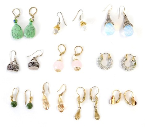 A group of various earrings, to include crystal set aurora drop earrings, imitation moonstone and silver plated earrings, etc. (a quantity)