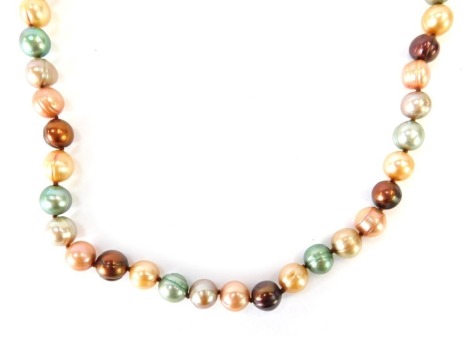 A cultured pearl necklace, with varying coloured beads pink, brown, green and orange on a string strand, with yellow metal clasp stamped 10kt, 48cm long, 43.3g all in.