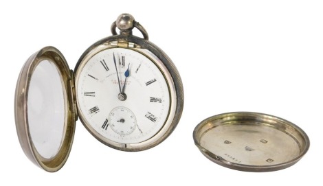 A Victorian silver half hunter pocket watch, with white enamel dial inscribed The Paddington English Lever J G Graves of Sheffield, Roman numeric dial with blue hands and seconds dial, key wind, Chester 1899, 5 ½oz gross. (AF)