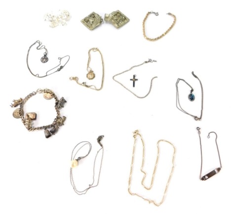 Silver and other costume jewellery, comprising buckle clips, brooches, necklace and chains, identity bracelet, etc. (1 box)