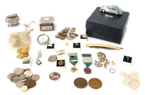 Costume jewellery and effects, stone samples, Corgi Presentation Classic plaque, silver plated pocket watch, mixed coinage, etc. (1 tray)