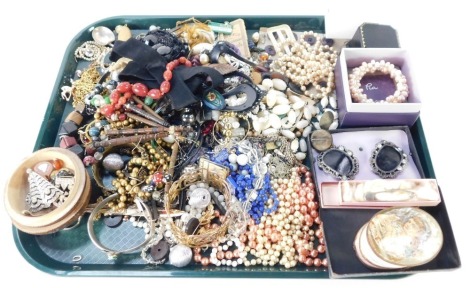 Costume jewellery, gold plated crucifix and chain, agate beaded necklaces, jet necklace, clips, etc. (1 tray)