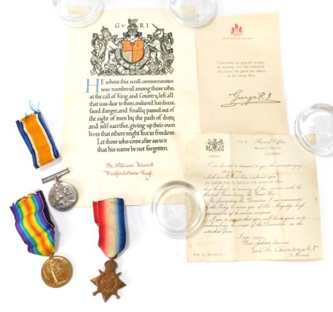 A WWI trio group, comprising The Great War of Civilisation Medal, Defence Medal and 1914 to 1915 Star, awarded to Pte W Merritt, Bedf.R 15039, and various scrolls and ephemera from Buckingham Palace and The War Department Records Office. (a quantity)