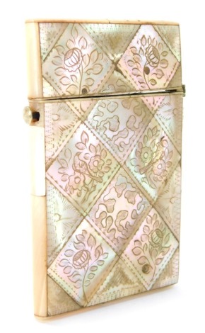 A Victorian mother of pearl inlaid card case, with diamond shaped floral engraved panels, 9cm x 5cm.