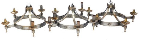 Three wrought iron five branch hanging chandeliers, 63cm diameter. (3)