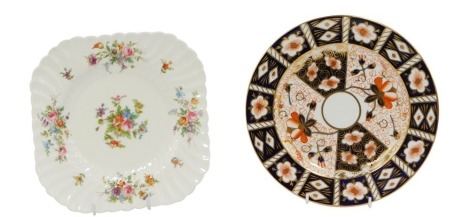 A Royal Crown Derby Imari pattern cabinet plate, 23cm diameter, (AF), and a Minton Marlow pattern cake plate. (2)