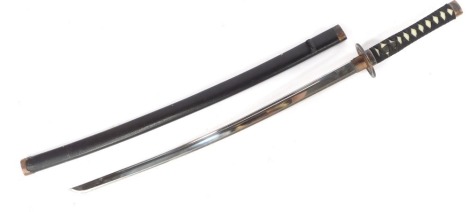 A Samurai sword, with a white plastic handle, with knotted and pleated top, with leatherette case stamped 449 stainless steel made in Taiwan, 103cm wide.