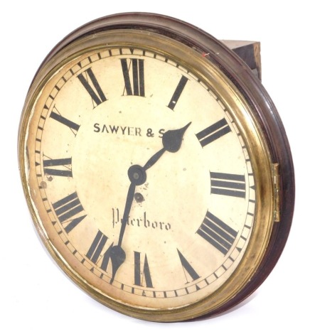 A 19thC wall clock, by SAWYER & SON of Peterboro' , with a painted Roman numeric dial, and brass outer border, single fusee brass movement, 37cm diameter.