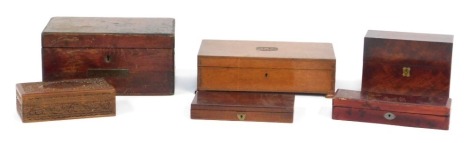 A group of 19thC and later boxes, including a flamed mahogany tea caddy, lacking interior, 15cm high, 20cm wide, 10cm deep, empty jewellery boxes, carved oak drawing box, etc. (a quantity)