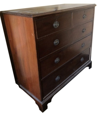 A Victorian mahogany chest, of two short and three long graduated drawers, with oval urn embossed back plate handles, 108cm wide.