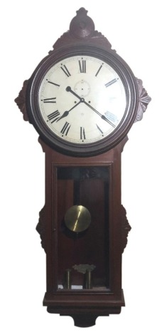 A 19thC Ansonia Clock Company of New York mahogany drop dial wall clock, with weights and pendulum, 180cm high.