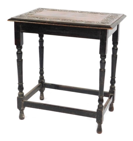 A 19thC Victorian carved oak occasional table, with demi lune carved rectangular top, 66cm x 46cm.