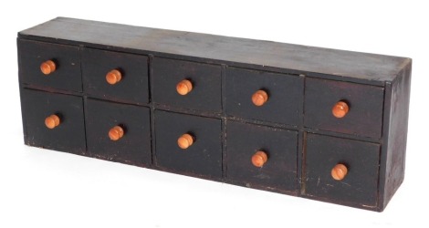 Black painted spice drawers, 36cm high, 110cm wide, 22cm deep.