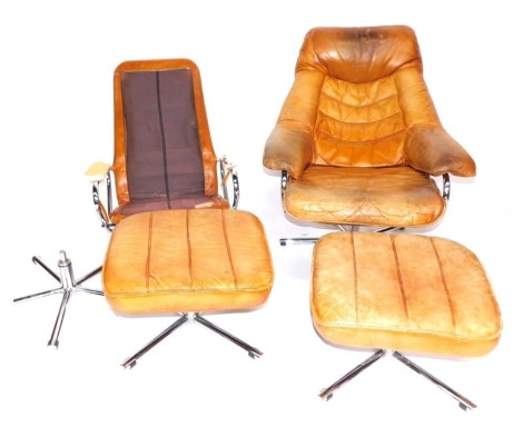 A pair of 1980's tan leather swivel armchairs, with tubular chrome framing (1 AF), and matching contemporary stools.