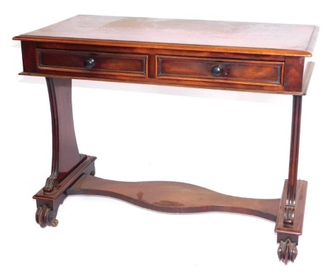 A Victorian mahogany side table, with two frieze drawers, slab supports and stretcher on scroll legs, 100cm wide.