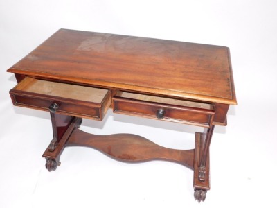 A Victorian mahogany side table, with two frieze drawers, slab supports and stretcher on scroll legs, 100cm wide. - 2